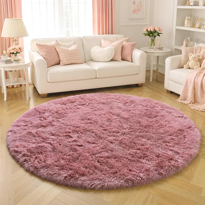 Blush Round Rug 6Ft for Bedroom, Fluffy Fuzzy Plush Circle Area Rugs for Baby - Image 5