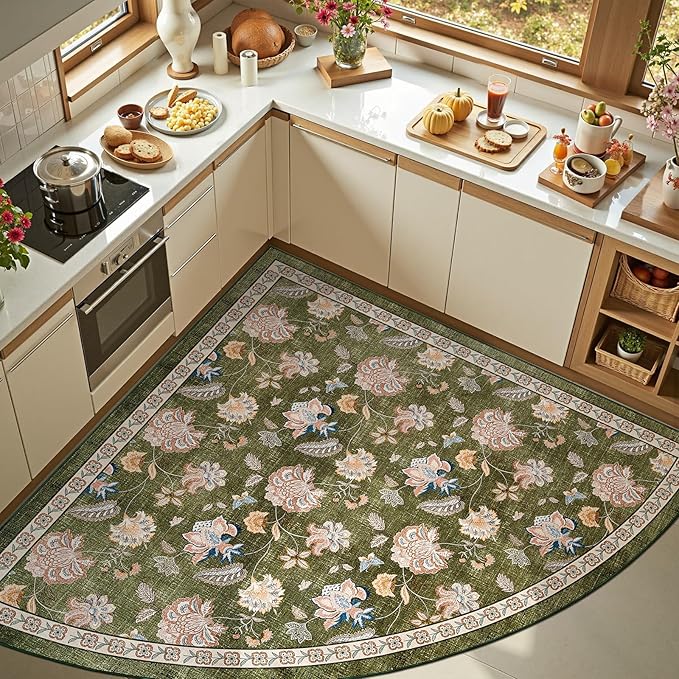 jinchan Floral Corner Rug for Kitchen Washable Nursery Rug Vintage Romance Design Non Slip Quarter Circle Lightweight Low-Pile Throw Carpet for Playroom Reading Nook Office, 5ft Radius, Green