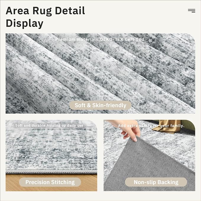 Soalmost Area Rug 10x12 Vintage Washable Living Room Large Gray Carpet Non Slip - Image 8