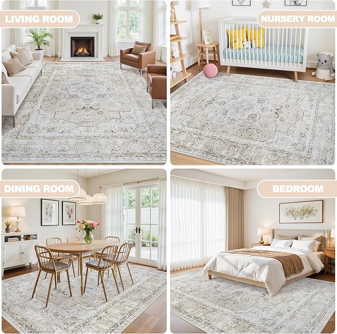 6x9 Area Rugs for Living Room:Beige Washable Vintage Medallion Carpet Non-Slip - Image 6