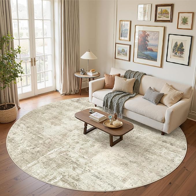 Soalmost 9x9 Beige Gray Round Rug 9ft Living Room Circle Rug Vintage Round Area - Image 2