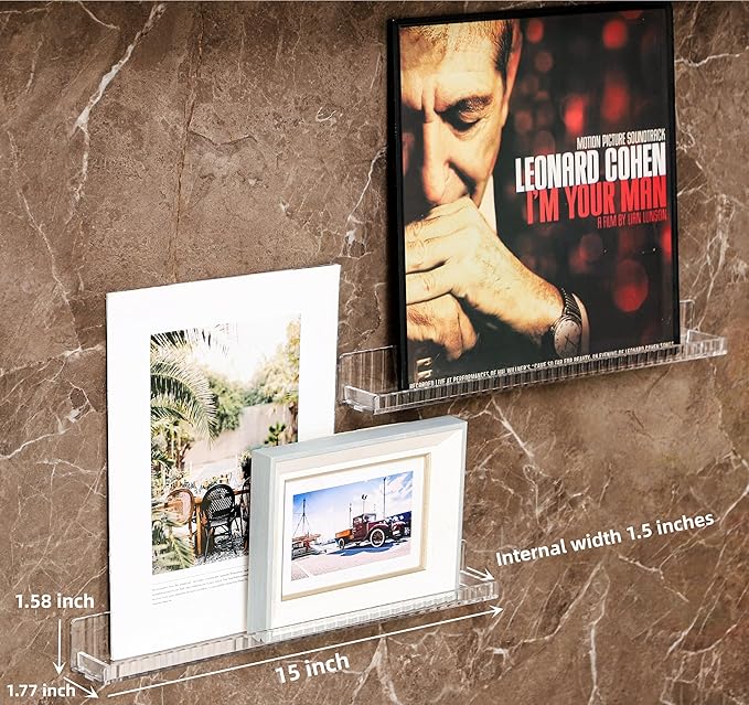 IEEK 6 PCS Acrylic Floating Bookshelf for Kids Room,15 Inch Modern Picture Ledge Display Shelf with Detachable Baffle,Nail Polish Rack Vertical Striped Wall Shelves for Wall Decor and Storage,Clear