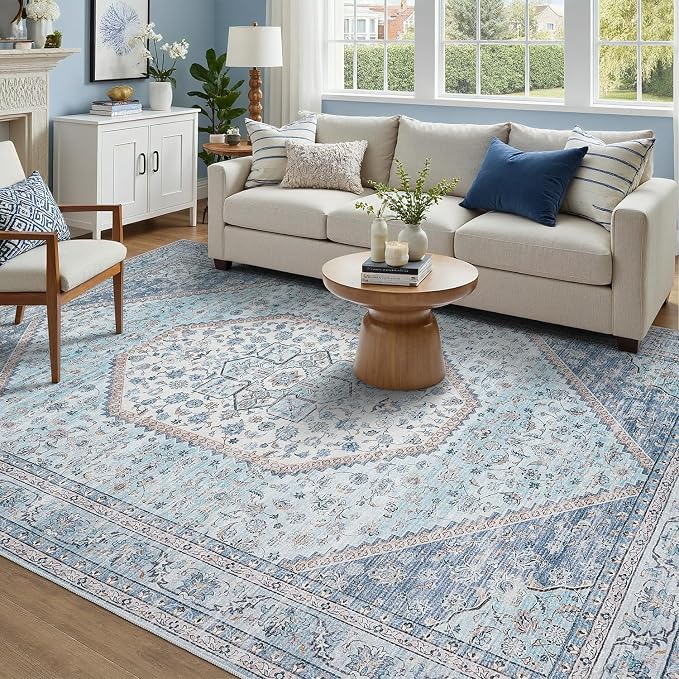 DCX Blue 8x10 Rug, Machine Washable Stain Resistant Kid & Pet Friendly - Image 2