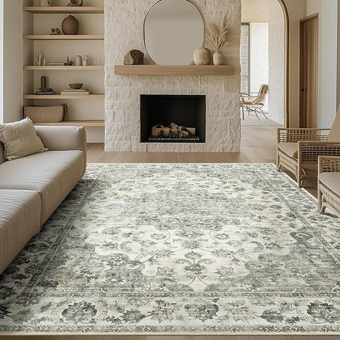 10x14 Neutral Area Rug Green Vintage Living Room Bedroom Washable Carpet - Image 3