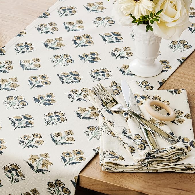Block Print Floral Decorative Table Runners, 13x72 Inch Latte | 100% Organic - Image 2