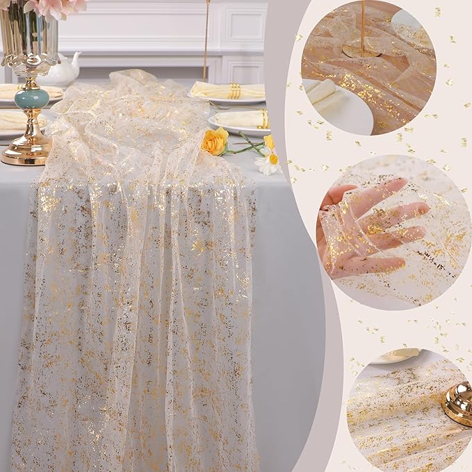 Snowkingdom 3Pcs 10Ft Gold Table Runners, Sheer Gauze Chiffon Cheesecloth - Image 3