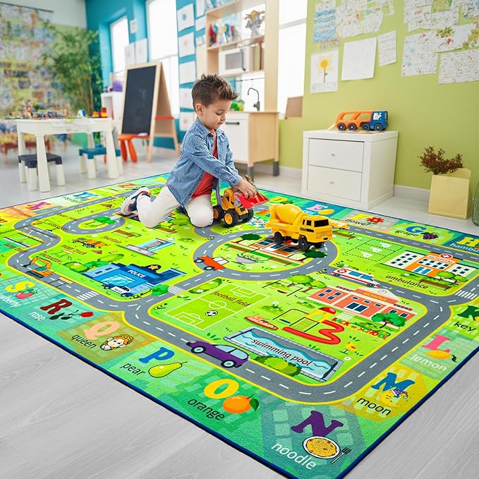 Chicrug 6x9 Car Road Area Rug for Kids Playroom Bedroom, Non Slip Low Pile Washable ABC Alphabet Carpet for Classroom, City Track Play Mat for Toddler Children Nursery Baby Room Decor, Green