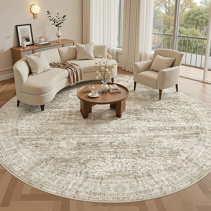 Soalmost 8ft Round Rug Brown/Ivory, Living Room Circle Rug Vintage Round Area by Soalmost