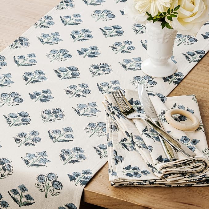 Block Print Floral Decorative Table Runners, 13x72 Inch Dusty Blue | 100% - Image 2