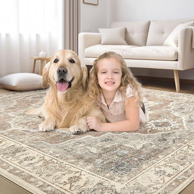 6x9 Washable Area Rug: Vintage Neutral Soft Non Slip Thin Large Floor Carpet - Image 7