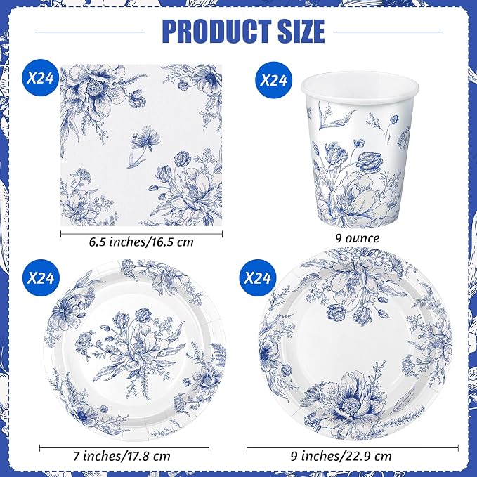 Kochorie 96 Piece Blue and White Floral Disposable Party Supplies Elegant - Image 2