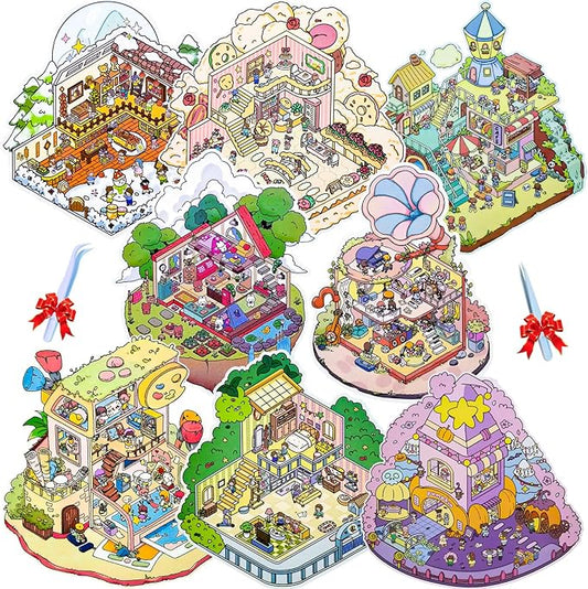 DIY 3D Sticker Scene，8 Sets Pack（600+） Large-Sized, Reusable Sticker Book, Cute Sets for Free Combination, Waterproof for Anywhere, Crafts Party Favors Birthday Gift
