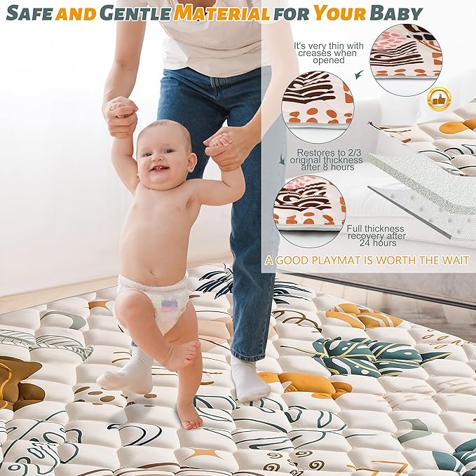 Baby Play Mats for Floor, 50x50 Playpen Mat for Babies, Extra Thicker & Soft Floor Crawling Mat, Foldable Non-Slip Playmat Cushioned for Infants Toddlers, Boho Leaf Style