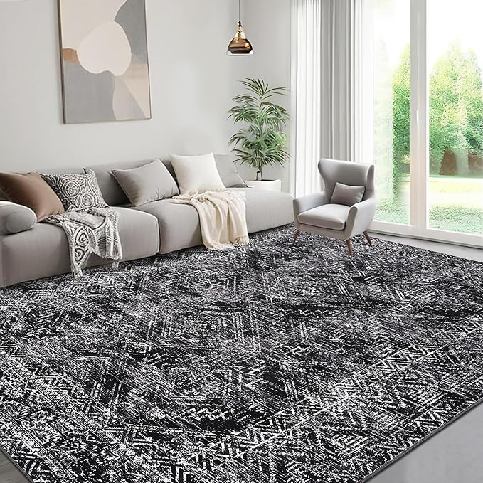 COZYLOOM Black Rug for Living Room 8x10 Washable Area Rugs Modern Abstract Floor Cover Non Slip Stain Resistant Geometric Mats Soft Throw Carpet for Nursery Bedroom Dining Room