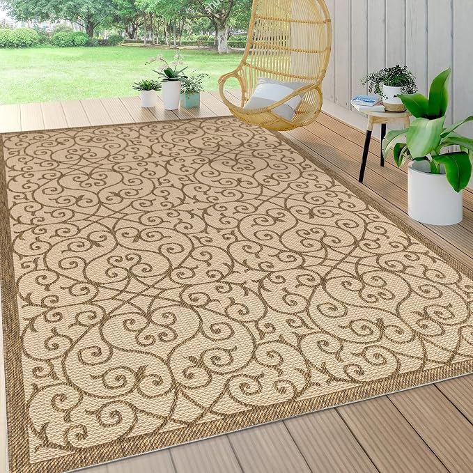 JONATHAN Y Vintage Filigree Indoor Outdoor Area Rug 4X6 Beige/Brown, Madrid - Image 3