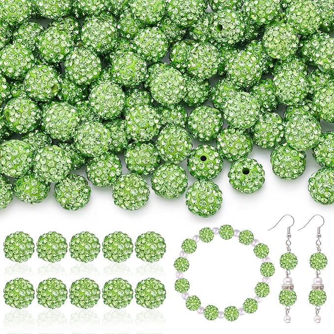 105pcs 10mm Rhinestone Beads for Jewelry Making, Light Green Shiny Round Disco Ball Beads Bulk, Sparkle Crystal Clay Christmas for Bracelet Baseball Necklace Earring Crafting and DIY