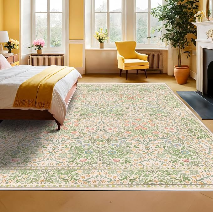 Vintage Washable Beige Green 10x12 Rug - Image 4
