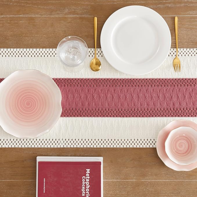 Macrame Style Bicolor Stitching Table Runner 14x60in Dusty Rose | Woven Boho - Image 4