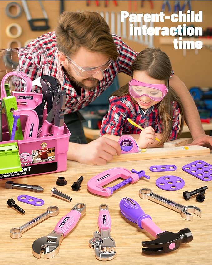 Deejoy Tool Set with Tool Box & Electronic Toy Drill, Pretend Play Kids Construction Kits for Kids Ages 3-5 Years Old, Toddler Tool Set(Pink)