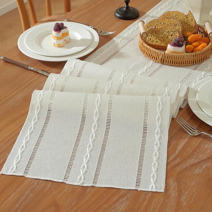 Beige Boho Cotton Linen Table Runner, Farmhouse Woven Table Runners Spring by Niviy