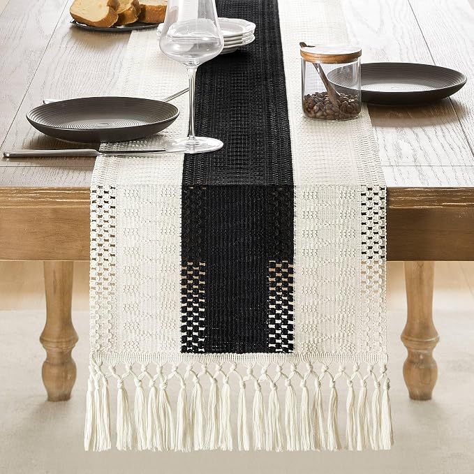 Macrame Style Bicolor Stitching Table Runner 14x36in Black | Woven Boho Table - Image 2