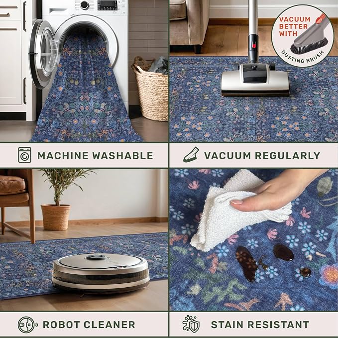 Hazo Haus Vintage Dark Blue Living Room Rug, 7x10 Washable Large Area Rugs - Image 4