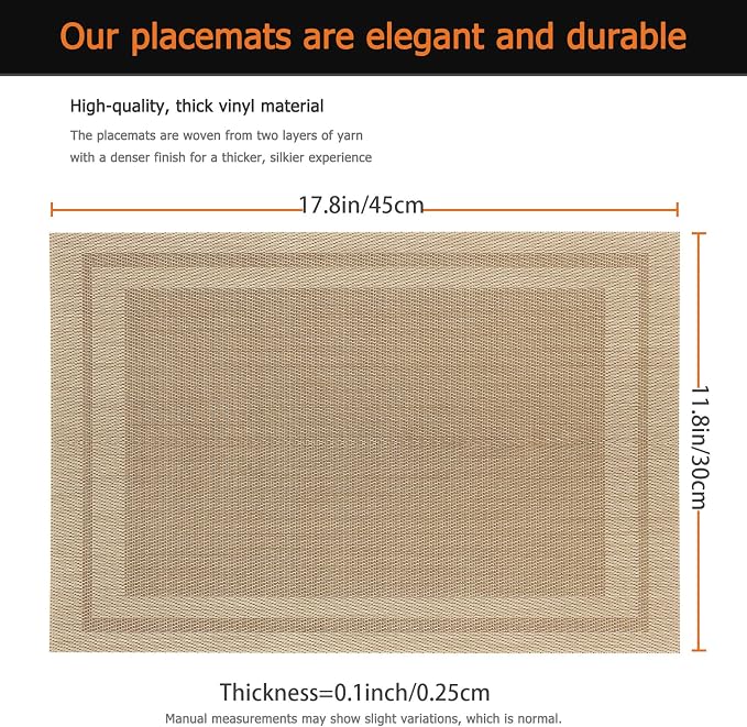 Khaki Vinyl Placemats Set of 12, Heat Resistant Table Placemats | 18x12 inch - Image 3