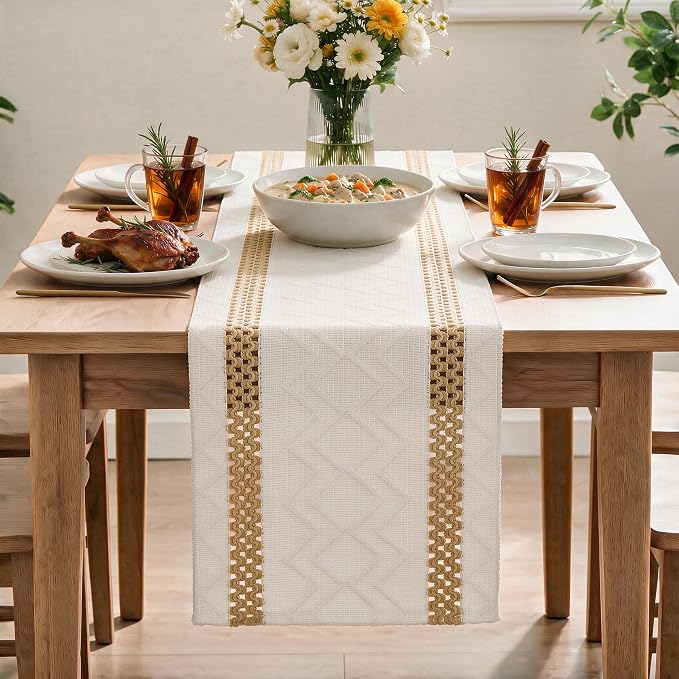 Artoid Mode Burlap Brown Stripe Woven Rustic Table Runner 12x120 Inch | Holiday - Image 2