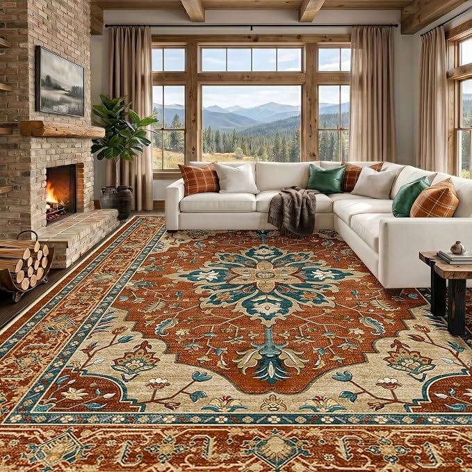 RELEANY Area Rugs Large 10'x12' Washable Non-Slip, Floral Vintage Distress by RELEANY
