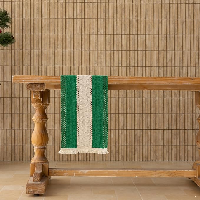 Keketoarrange Christmas Green Boho Table Runner 12x72 Inch | Woven Burlap - Image 4