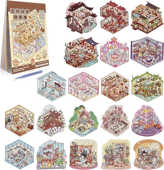20 Sets DIY 3D Sticker Scenes for Adults Relief Stress, Cute Kawaii 3D House Sticker Therapy for Women Teen Girls Kids Pass The Time, Make Your Own Mini Room Scene Collection Book with Tweezer