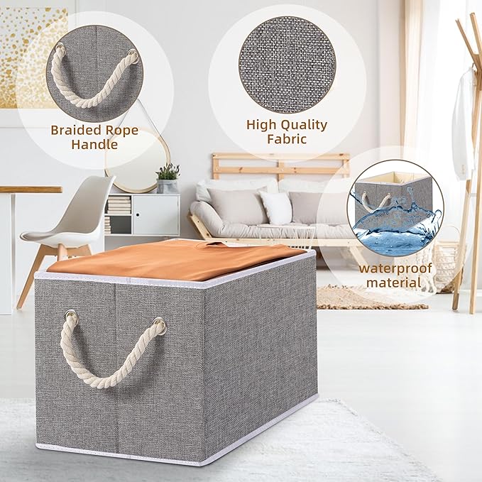 Yawinhe Foldable Storage Basket 5-Pack, Large Fabric Bins with Rope Handle, Used for Organizing Shelves, Closets, Clothes, 12.99''Lx9.05''Wx7.87''H, Grey