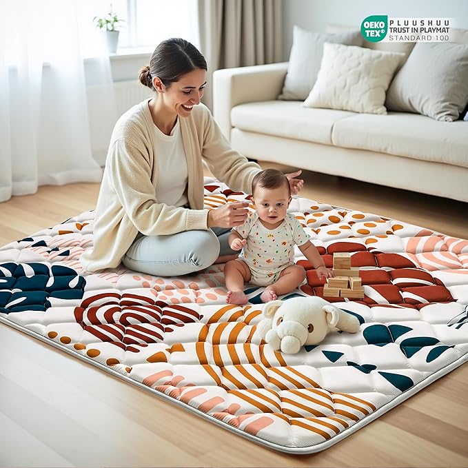Baby Play Mats for Floor, 71x59 Playpen Mat for Babies, Extra Thicker & Soft Floor Crawling Mat, Foldable Non-Slip Playmat Cushioned for Infants Toddlers, Boho Leaf Design