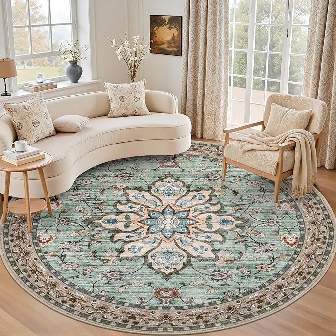 Round Area Rug for Living Room: 6ft Washable Vintage Boho Soft Thin Circle Rug by EXPEDIX