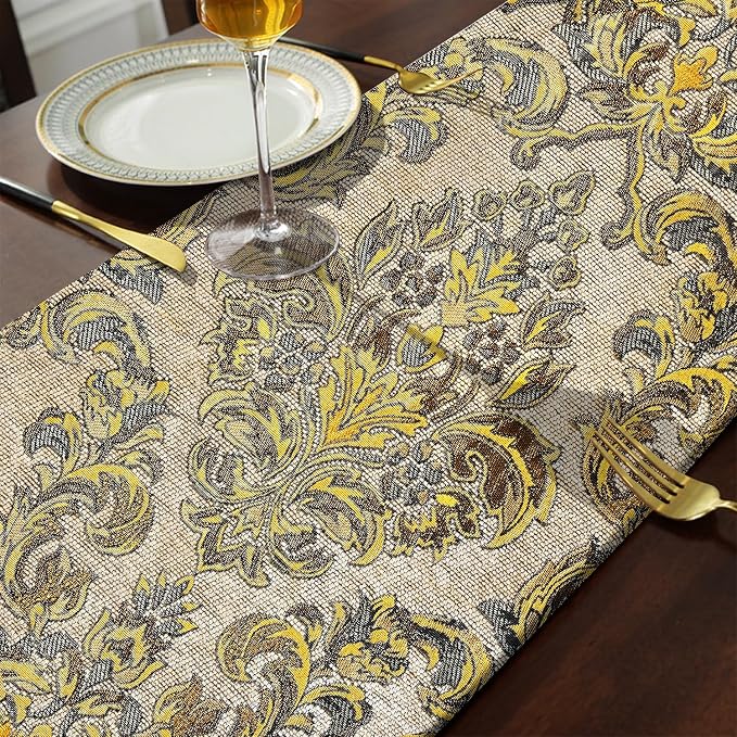 108 Inches Exquisite Gold Floral Jacquard Table Runner Thick Beige Chenille | - Image 5