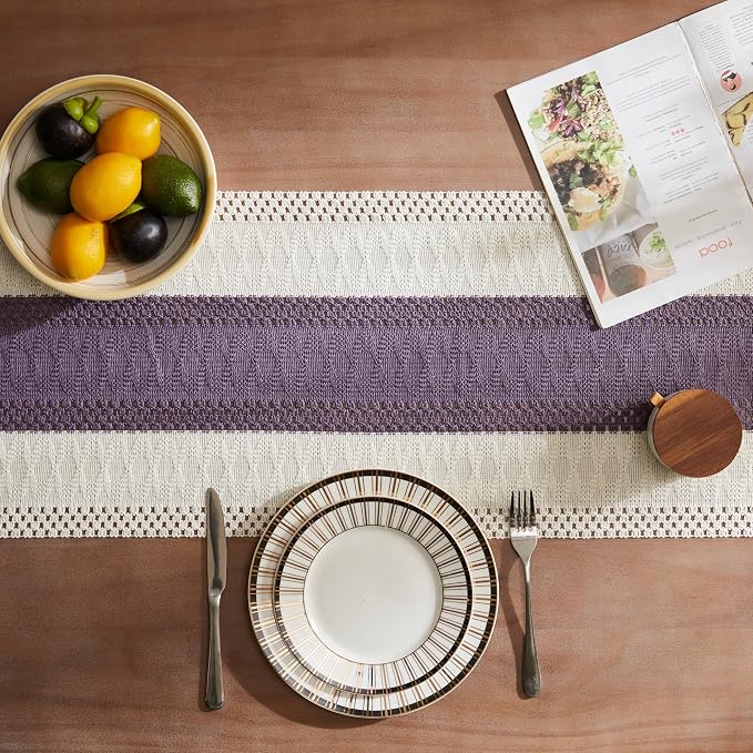Macrame Style Bicolor Stitching Table Runner 14x90in Purple | Woven Boho Table - Image 4