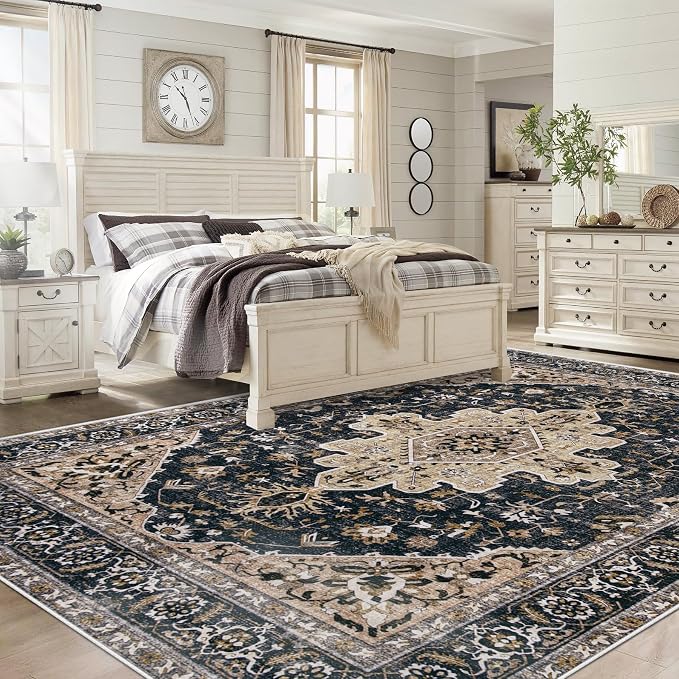 Area Rugs 9x12 Vintage Rug: Large Washable Living Room Rug Retro Medallion - Image 3