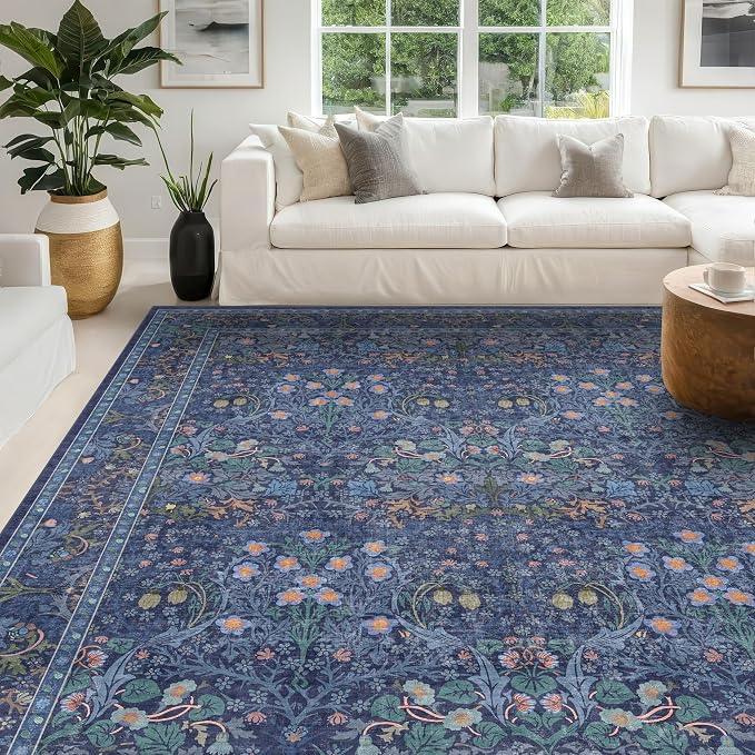 Hazo Haus Vintage Dark Blue Living Room Rug, 7x10 Washable Large Area Rugs by HazoHaus