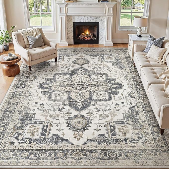 7x9 Washable Area Rugs for Living Room, Large Rug Non Slip Backing Vintage by JessibouAreaRug