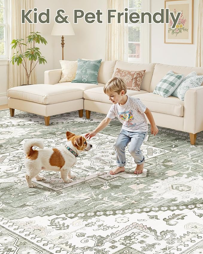9x12 Vintage Area Rug: Washable Neutral Soft Non Slip Thin Large Floor Carpet - Image 7