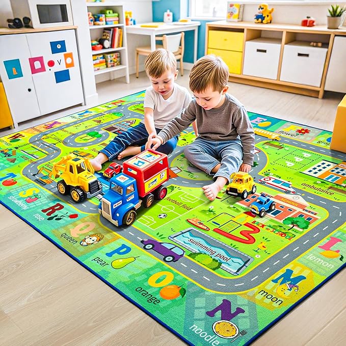 Chicrug 5x8 Car Road Area Rug for Kids Playroom Bedroom, Non Slip Low Pile Washable ABC Alphabet Carpet for Classroom, City Track Play Mat for Toddler Children Nursery Baby Room Decor, Green