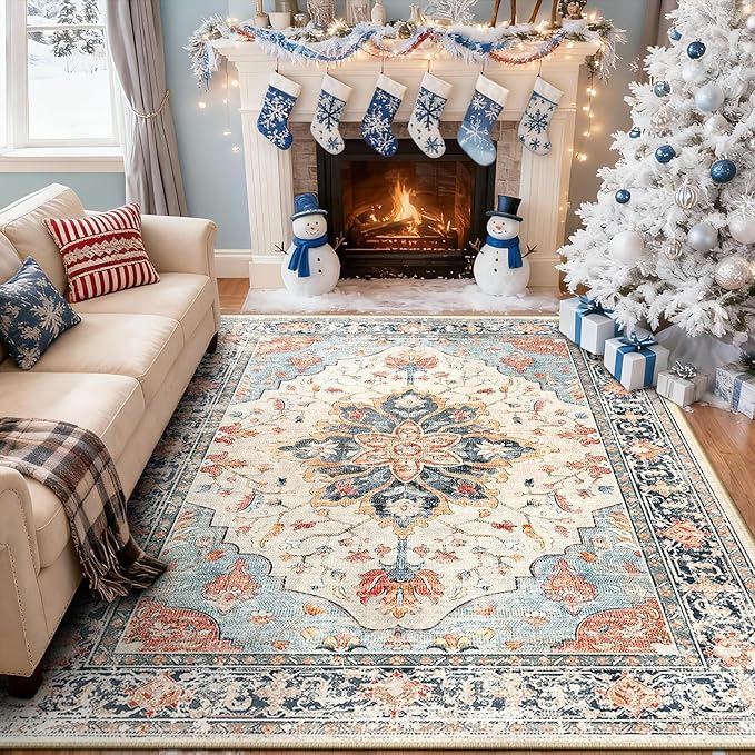 RELEANY Area Rugs 8'x10' Washable Non-Slip, Floral Vintage Distress Medallion - Image 2