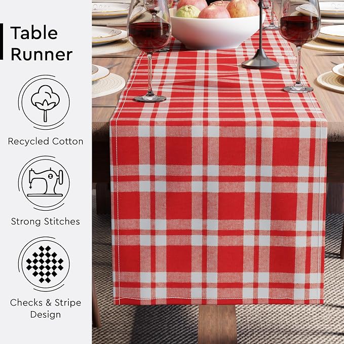 Encasa XO Table Runner, Woven Cotton Dining Runner 13"x72" | Franca Red Checks - Image 4