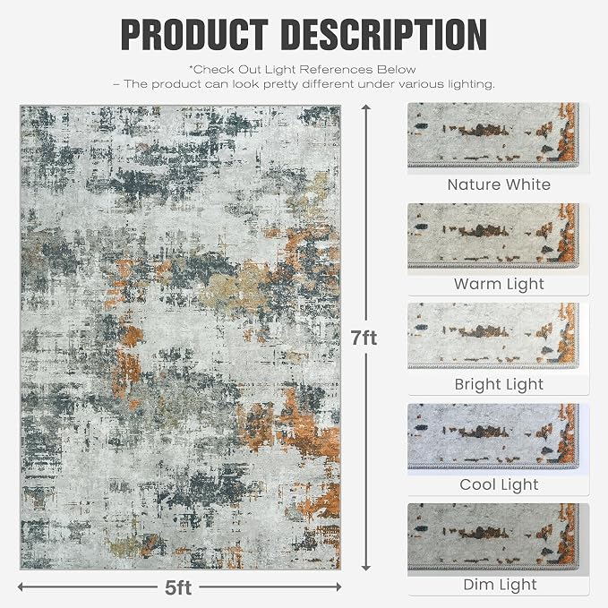Area Rug 5x7 Living Room Rug Washable: No-Slip Abstract Soft Thin Large Grey - Image 2