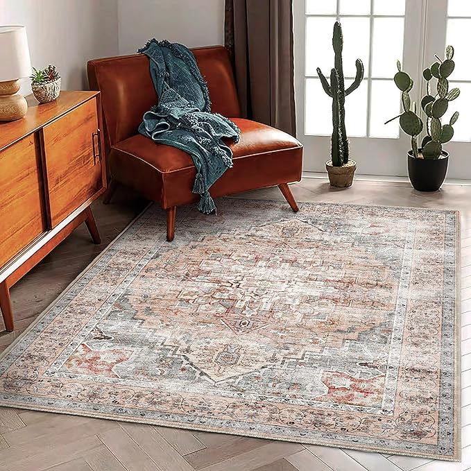 CHAMPLANT Area Rug 5'x7' Light Cyan and Light red Washable Rug Vintage by CHAMPLANT