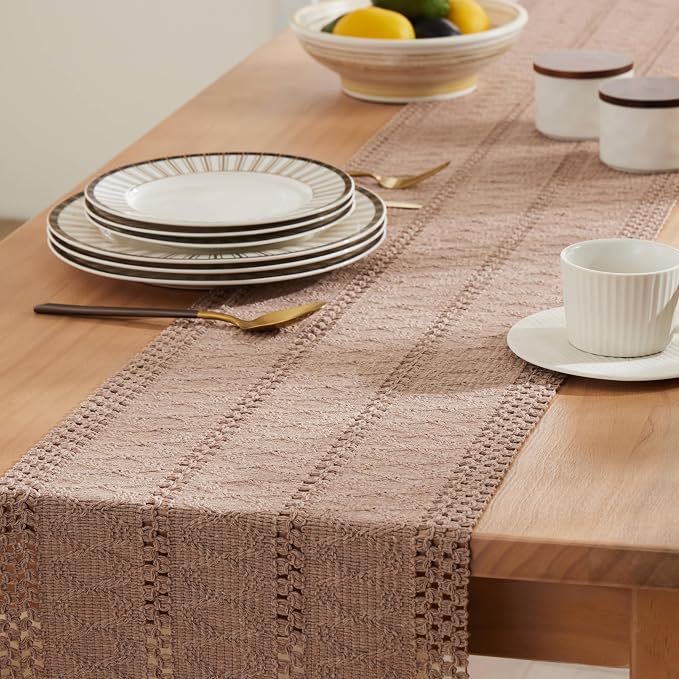 Macrame Style Boho Table Runner, 12x108 Inch Taupe | Woven Boho Table Runner - Image 5