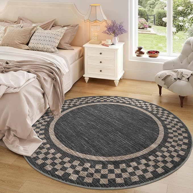 6ft Washable Round Rug for Entryway Modern Checkered Bedroom Circle Rug Non - Image 2
