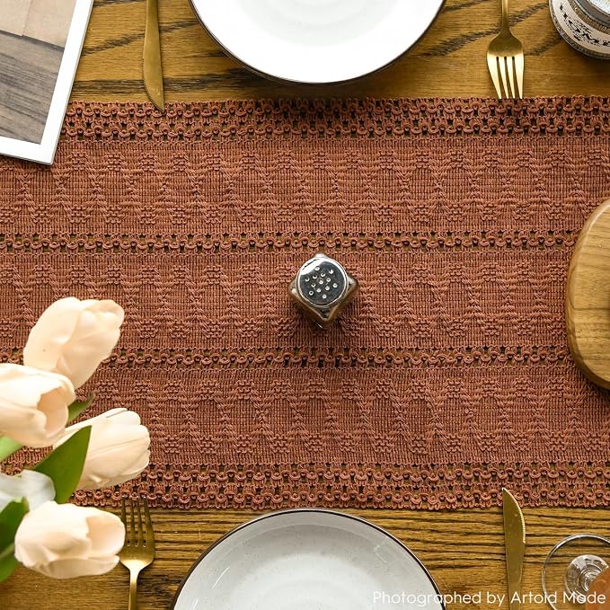 Artoid Mode Caramel Woven Farmhouse Hollow Table Runner 12x90 Inch | Holiday - Image 3
