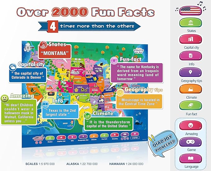 Bilingual Interactive for Kids Talking USA Map for Kids Learning, Geography Toys Games Educational Electronic Map Christmas Personalized Gift/Toys for 4 5 6 7 8 9 10 Year Old Girls/Boys