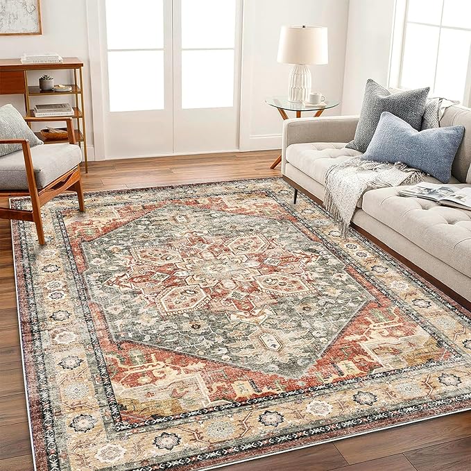 CHAMPLANT Washable Area Rug 10'x14' Red Khaki Retro Flowers Boho Design - Image 2